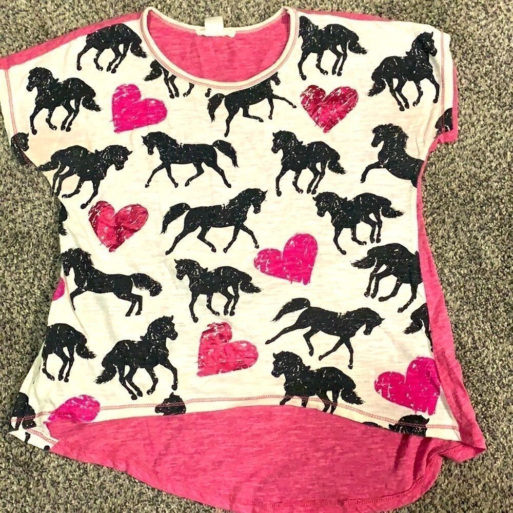 Girls Pink Horse Heart Short Sleeved Shirt - Size L